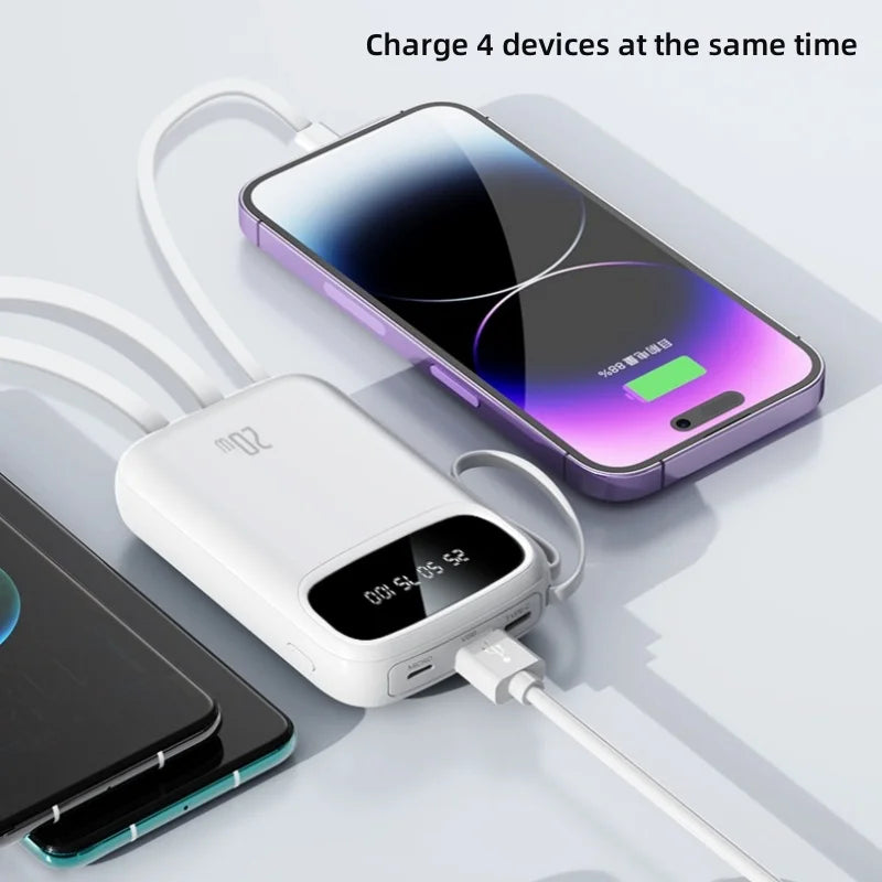 Power Bank 20000mAh Smartphone Portable Slim Power Bank Outdoor Travel Power Banks with Led Display Built-in Cables